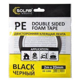 Стрічка клеюча двостороння Solar, PE, чорна, 20ммx2м DS1202 фото