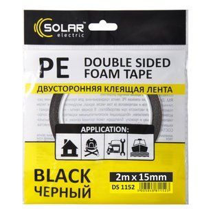 Стрічка клеюча двостороння Solar, PE, чорна, 15ммx2м DS1152 фото