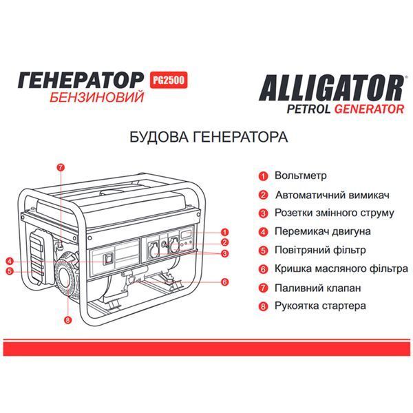 Генератор Alligator бензиновий 2,2кВт (ном 2,0кВт) PG2500 фото
