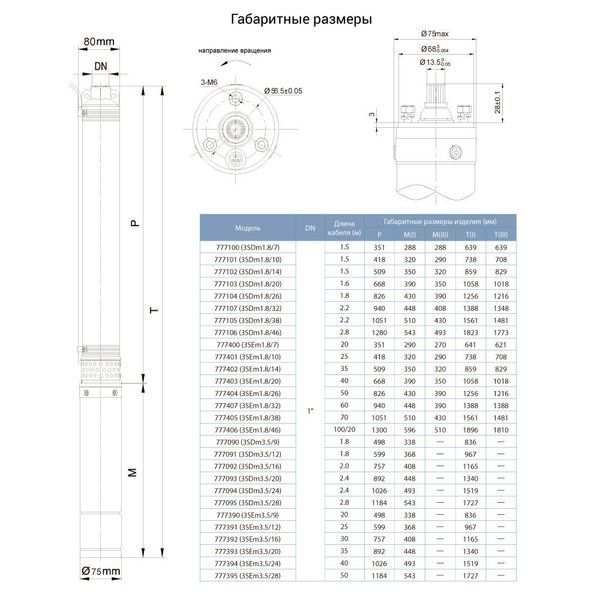 Насос центробежный скважинный 0.55кВт H 46(34)м Q 90(60)л/мин &Oslash;80мм (кабель 25м) DONGYIN 3SEm3.5/12 (777391) 777391 фото