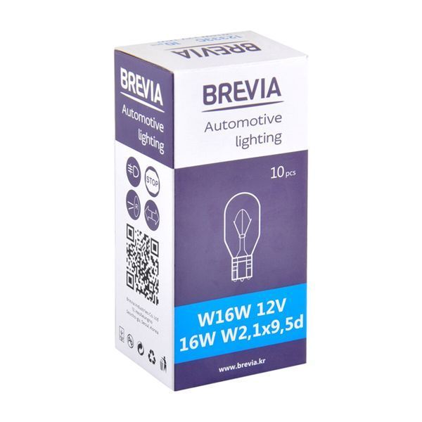 Лампа накаливания Brevia W16W 12V 16W W2,1x9,5d CP, 10шт 12333C фото
