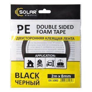 Стрічка клеюча двостороння Solar, PE, чорна, 8ммx2м DS1082 фото