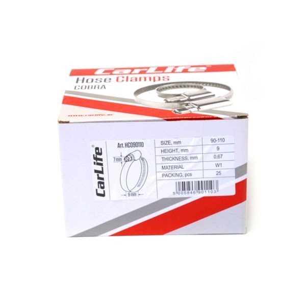 Хомуты CarLife оцинкованные 90-110/W1, 9х0,67мм, 25шт HC090110 фото