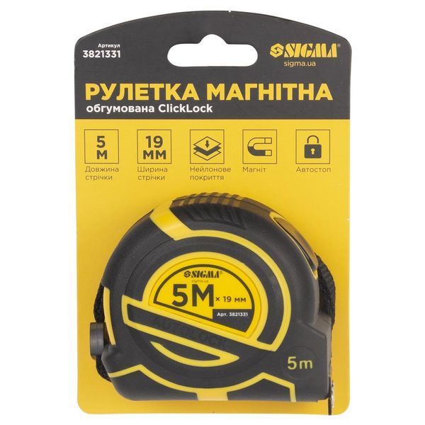 Рулетка магнитная обрезиненная ClickLock нейлоновое покрытие автостоп 5м&times;19мм SIGMA (3821331) 3821331 фото