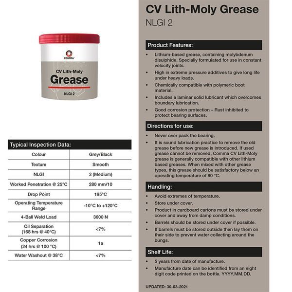 Змазка Comma C.V. Grease пластична літієва чорна 500г CV500G фото