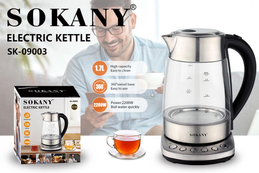 Електрочайник з підсвічуванням Sokany SK-09003 Electric Kettle 2200W 1,7l прозорий чайник SK09003 фото