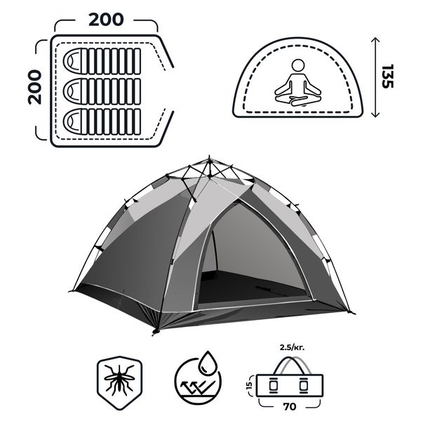Намет кемпінговий автоматичний 3 місний туристичний для риболовлі з москітною сіткою LU002GR фото