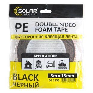Стрічка клеюча двостороння Solar, PE, чорна, 15ммx5м DS1155 фото