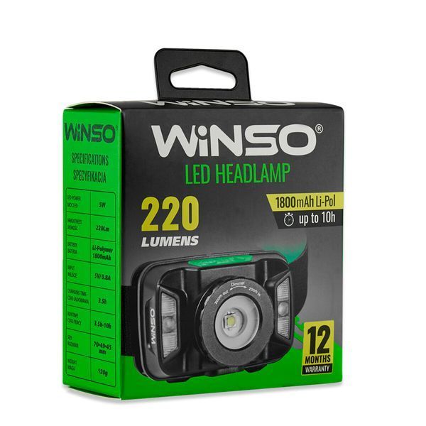Фонарь налобный Winso 260Lm, 5W CREE XTE, 1800mAh, Zoom, с сенсором белый/красный 750700 фото