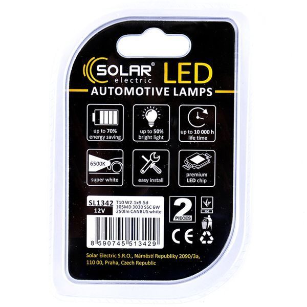 Автолампа Solar LED 12V T10 W2.1x9.5d 10SMD white, 2шт SL1342 SL1342 фото