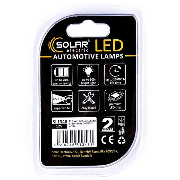 Автолампа Solar LED 12V T10 W2.1x9.5d 10SMD white, 2шт SL1348 SL1348 фото