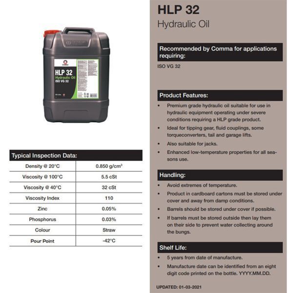 Гідравлічна олива Comma HLP 32 Hydraulic Oil 20л H3220L фото