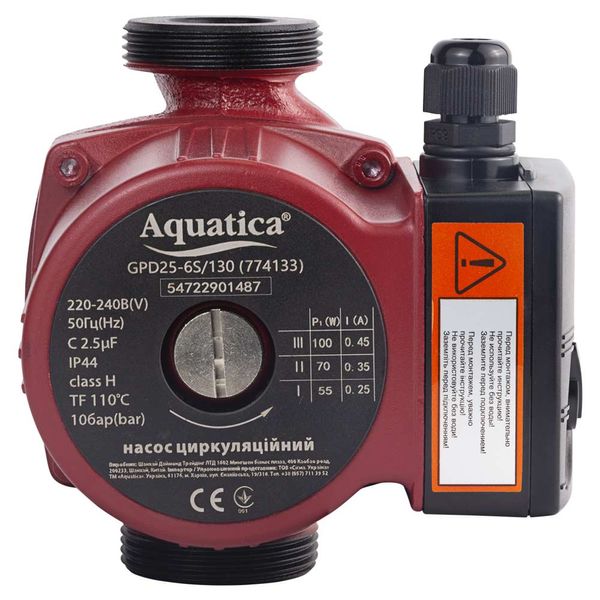 Насос циркуляційний 100Вт Hmax 6м Qmax 75л/хв Ø1½" 130мм+гайки Ø1" AQUATICA (774133) 774133 фото