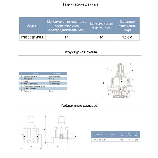 Контролер тиску електронний 1.1кВт Ø1" AQUATICA (779555) 779555 фото