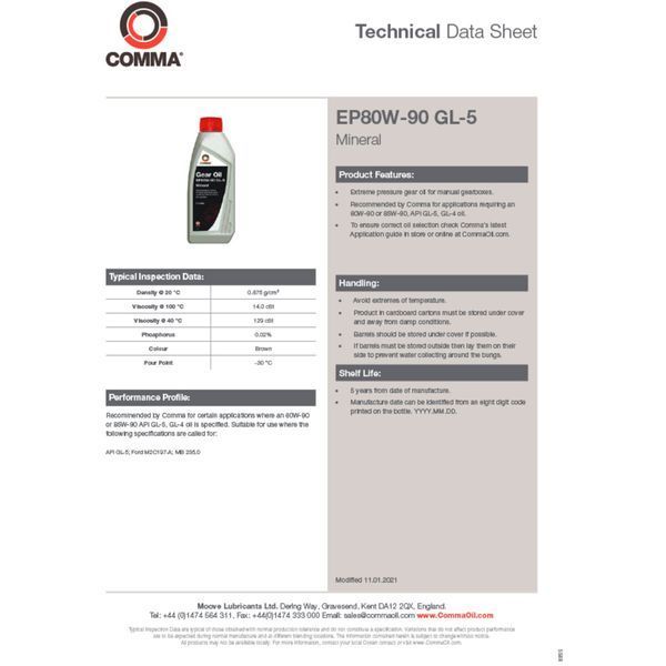 Трансмиссионное масло Comma Gear Oil EP 80W-90 GL 5 1л EP80901L фото