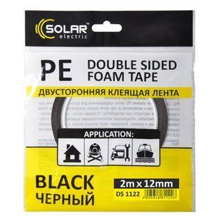 Стрічка клеюча двостороння Solar, PE, чорна, 12ммx2м DS1122 фото
